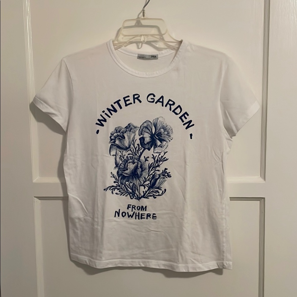 Zara White T-Shirt with Blue Floral Print